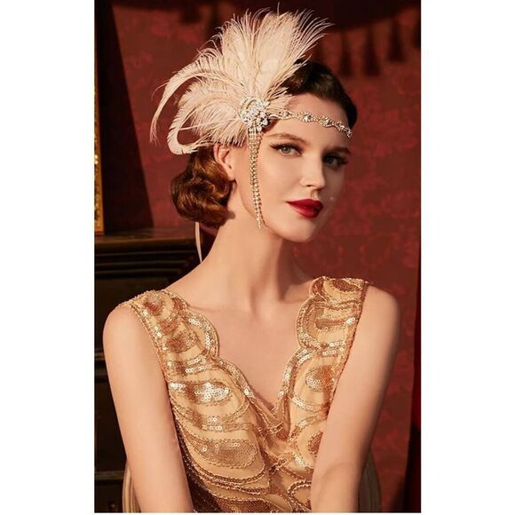 Rhinestone Feather Flapper Headpiece Headband 1920s Great Gatsby - Picture 2 of 4